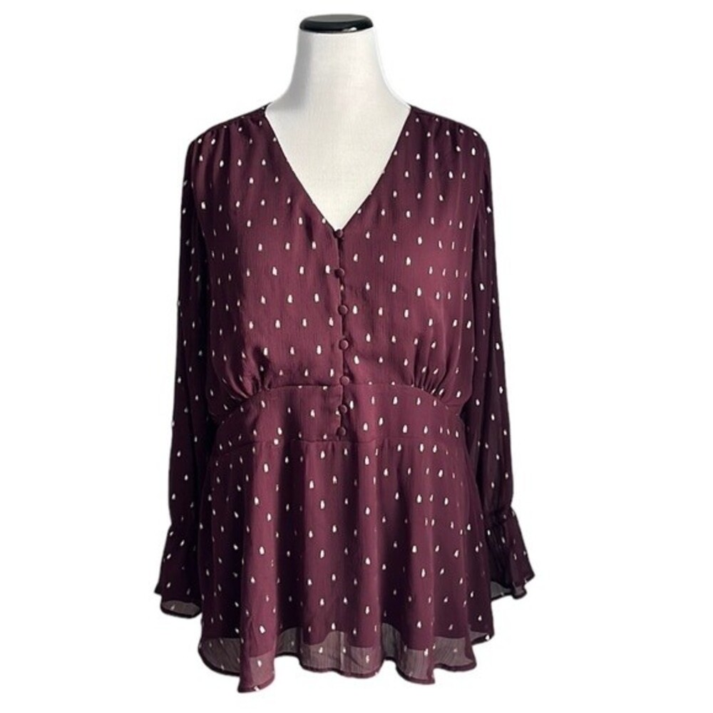 Lane Bryant Metallic Peplum Long Sleeve Chiffon Blouse Top, Burgundy & Gold 20